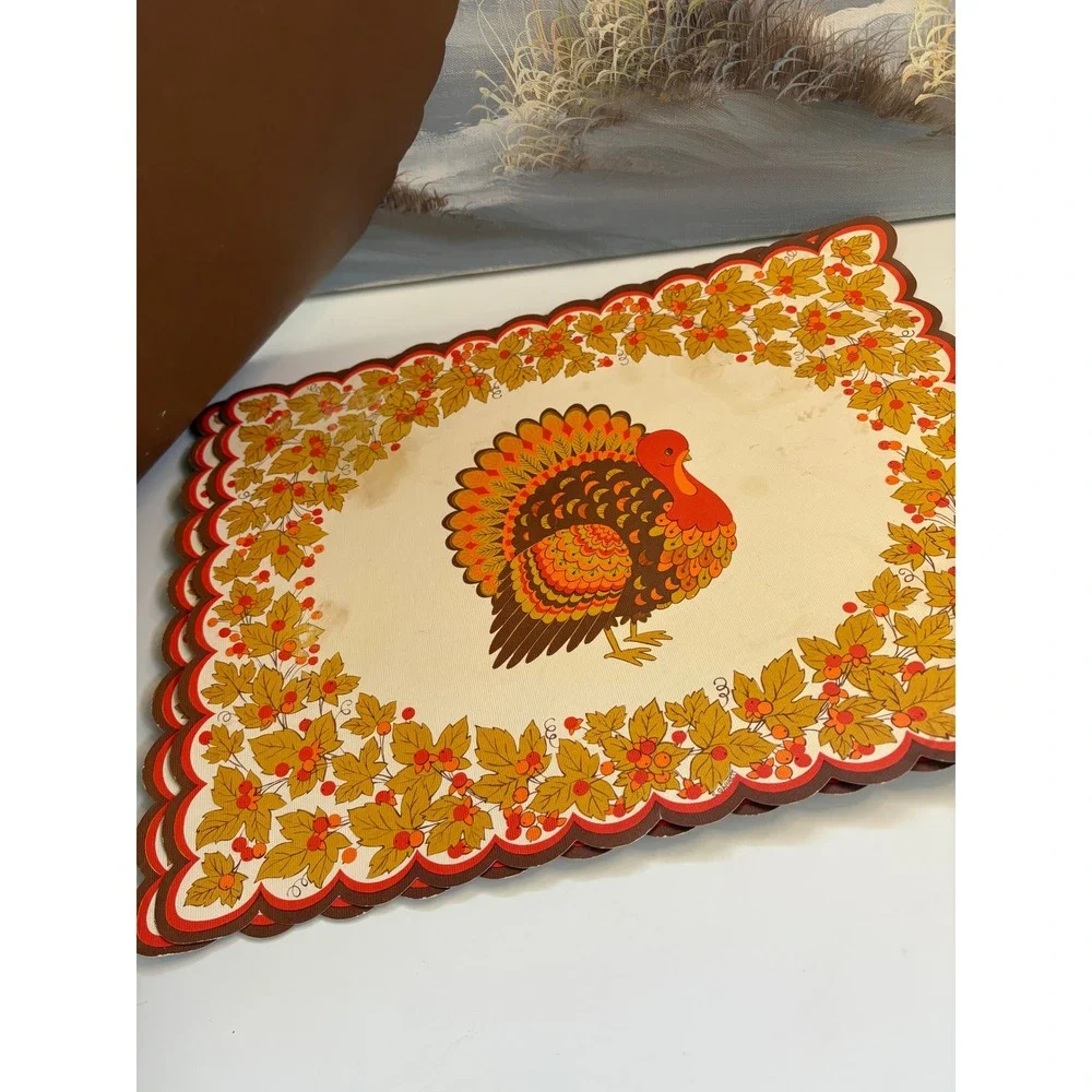 Vintage Thanksgiving Turkey Paper Placemats Set of 7 Scalloped Edge Harvest